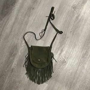 Olive green suede fringe handbag